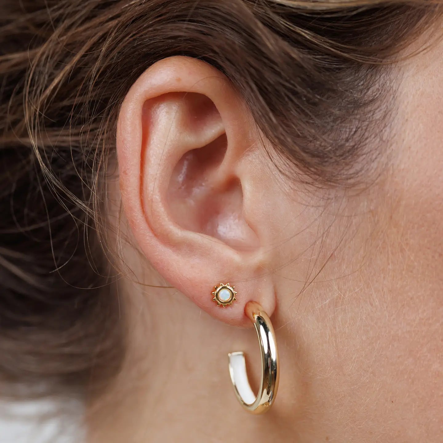 Sun Stud - White Opal - Gold Earrings