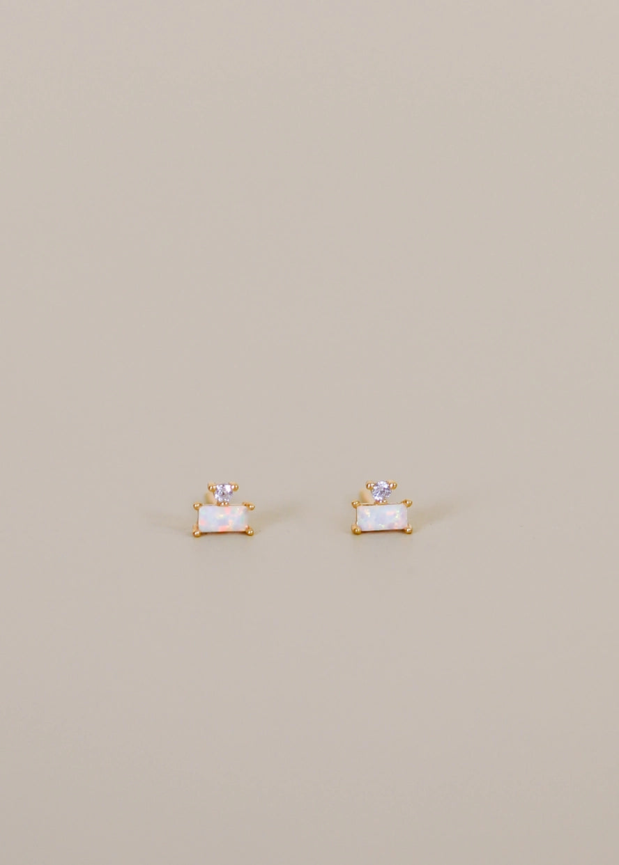 Double Stud Stack Gold Earrings - Opal White