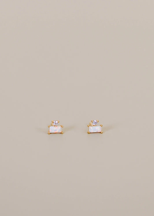 Double Stud Stack Gold Earrings - Opal White