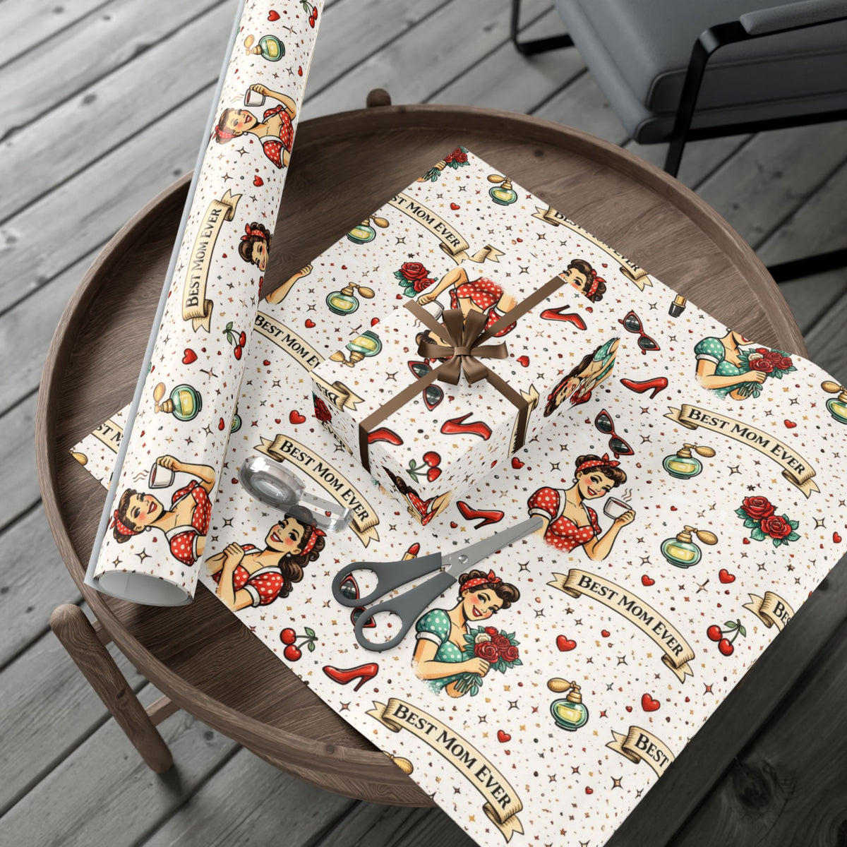 Pinup Girl Pattern Gift Wrap | Retro Tattoo Style Wrapping Paper