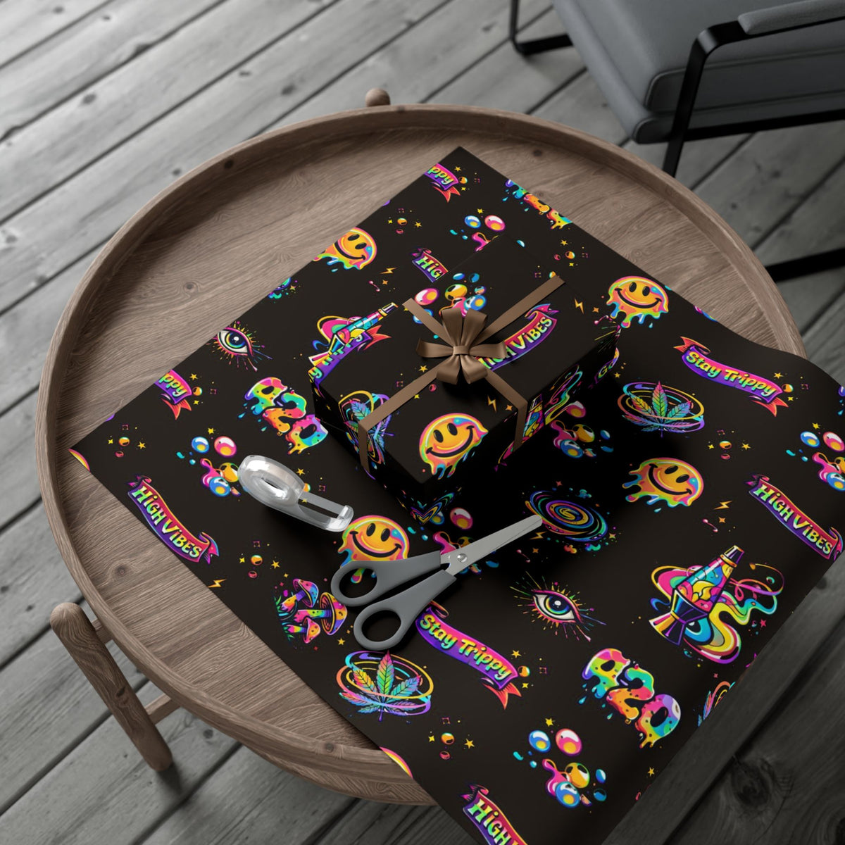 Psychedelic Trippy Pattern Gift Wrap Papers | Neon Smiley 420 Wrap