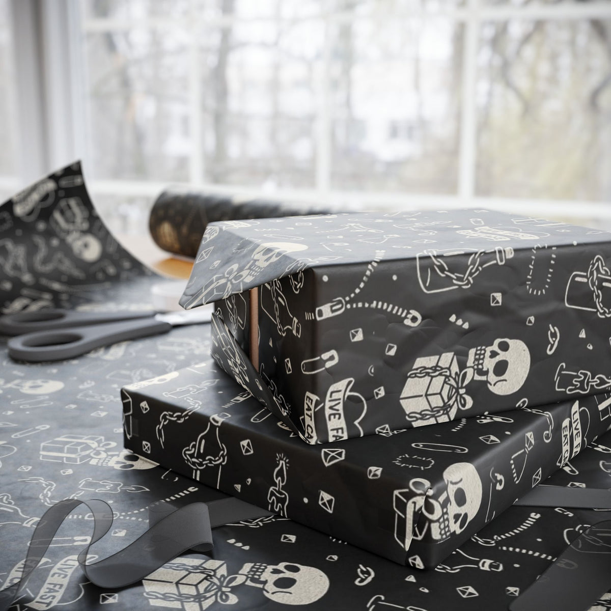 Gothic Wrapping Paper, Live Fast Eat Cake Gift Wrap, Unique Black Skull Paper, Halloween Party Decor, Eco-Friendly Packaging