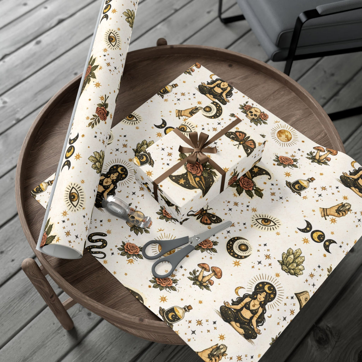 Witchy Tarot Pattern Gift Wrap Papers | Occult Witch Hat, Crystal, Moon