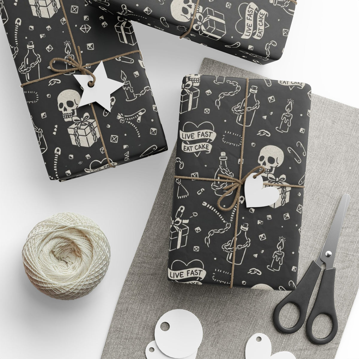 Gothic Wrapping Paper, Live Fast Eat Cake Gift Wrap, Unique Black Skull Paper, Halloween Party Decor, Eco-Friendly Packaging