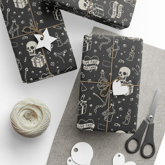 Gothic Wrapping Paper, Live Fast Eat Cake Gift Wrap, Unique Black Skull Paper, Halloween Party Decor, Eco-Friendly Packaging