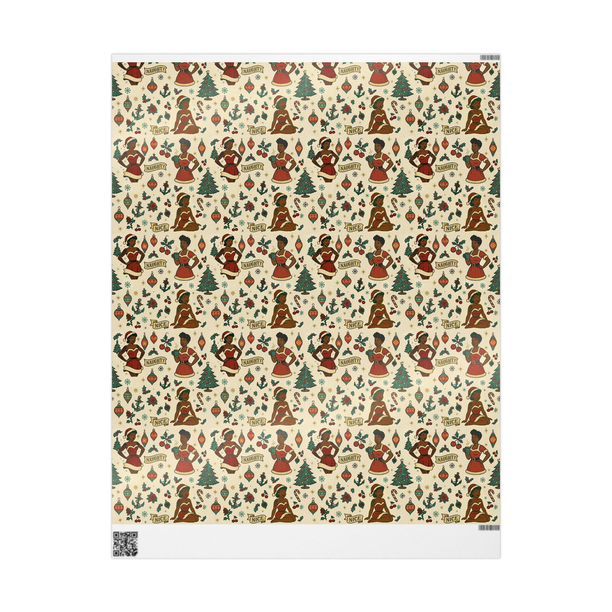 Rockabilly Christmas Pin-Up Wrapping Paper | African American Pin-Up Mrs. Claus | Vintage Tattoo Flash Gift Wrap | Retro Holiday Aesthetic