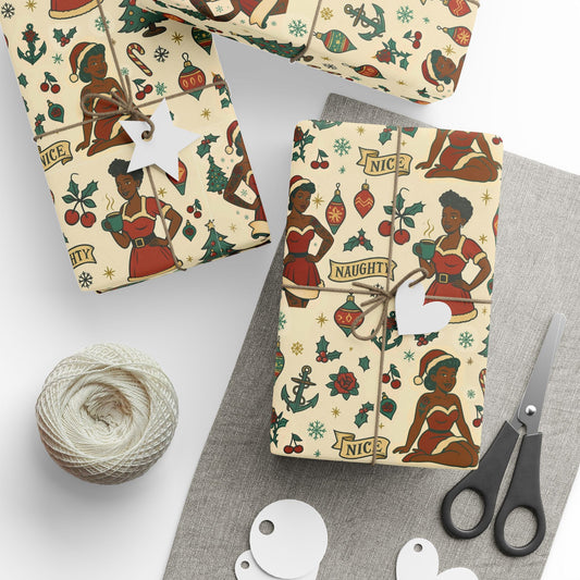 Rockabilly Christmas Pin-Up Wrapping Paper | African American Pin-Up Mrs. Claus | Vintage Tattoo Flash Gift Wrap | Retro Holiday Aesthetic