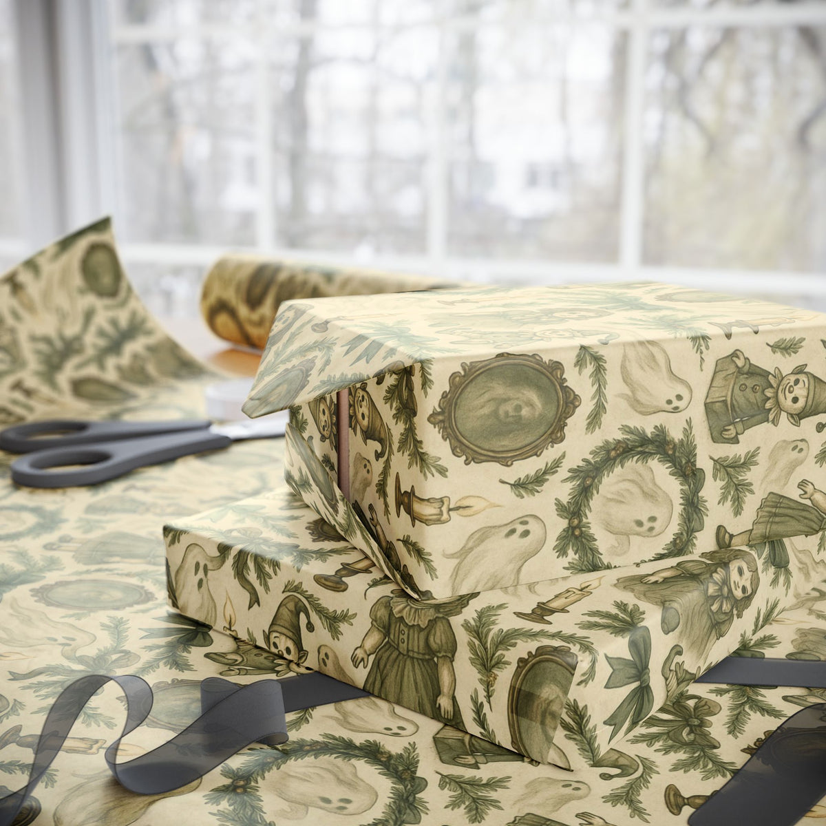 Cozy but Cursed Christmas Wrapping Paper | Victorian Gothic Gift Wrap | Spooky Holiday Gift Wrap | Ghosts, Dolls & Candles