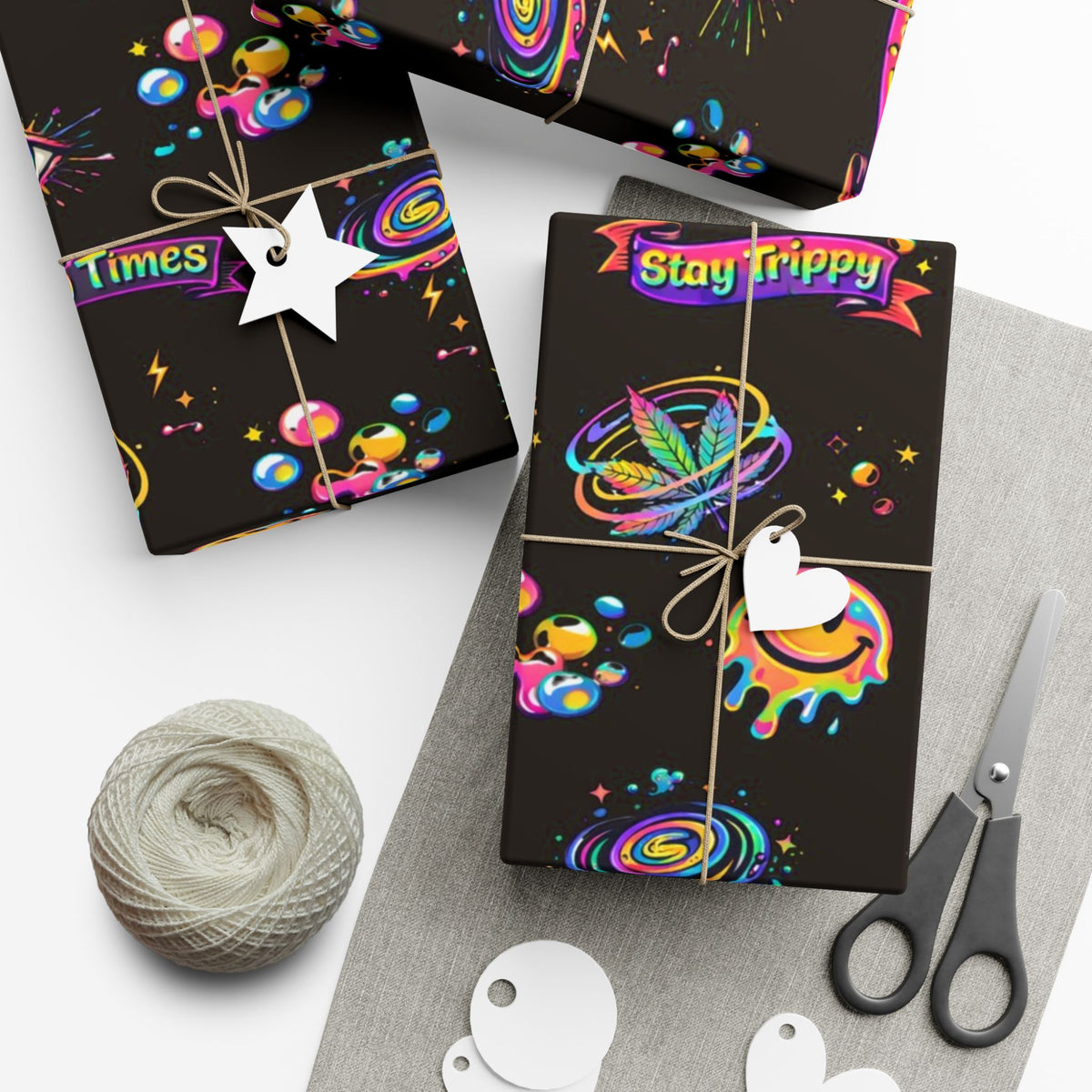 Psychedelic Trippy Pattern Gift Wrap Papers | Neon Smiley 420 Wrap