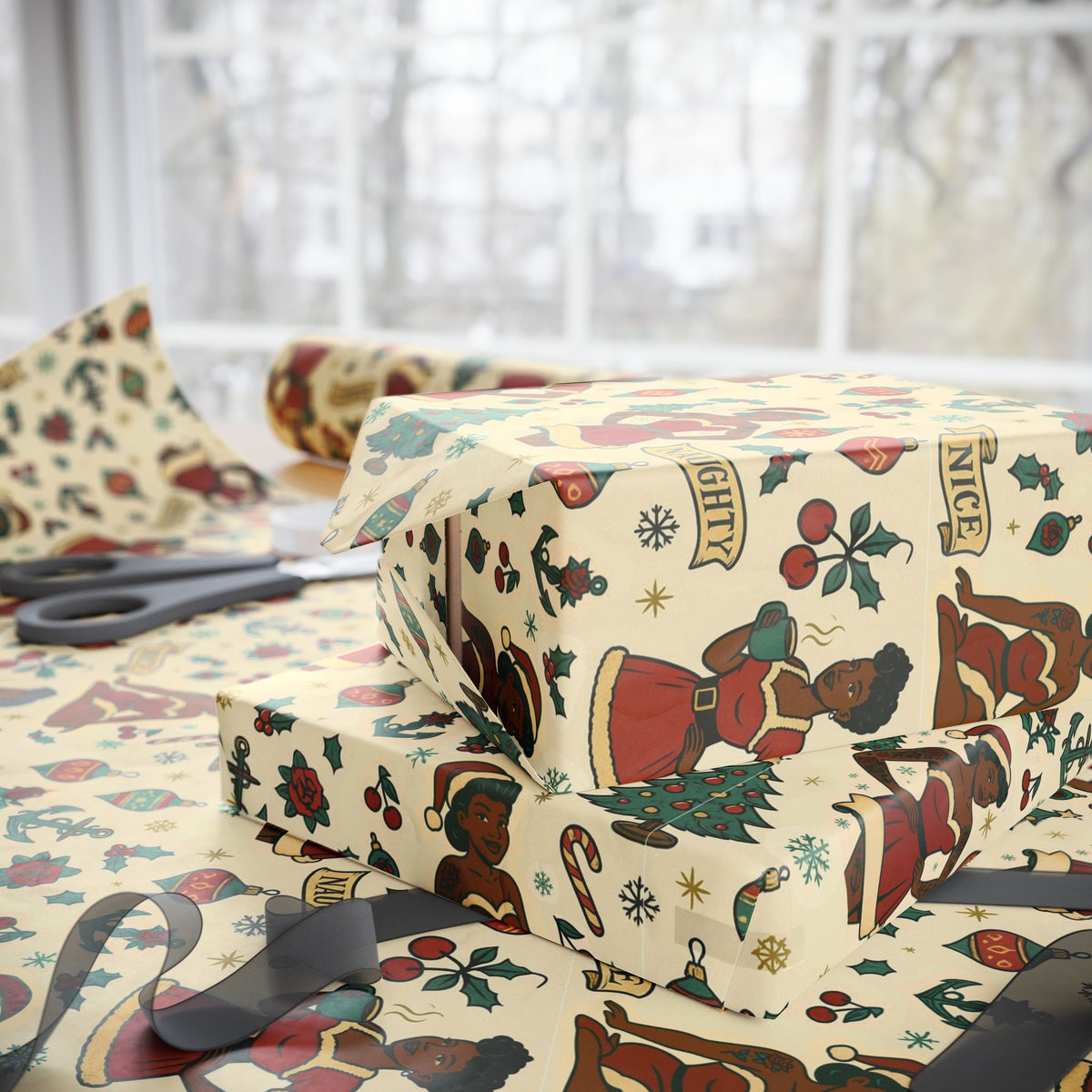 Rockabilly Christmas Pin-Up Wrapping Paper | African American Pin-Up Mrs. Claus | Vintage Tattoo Flash Gift Wrap | Retro Holiday Aesthetic