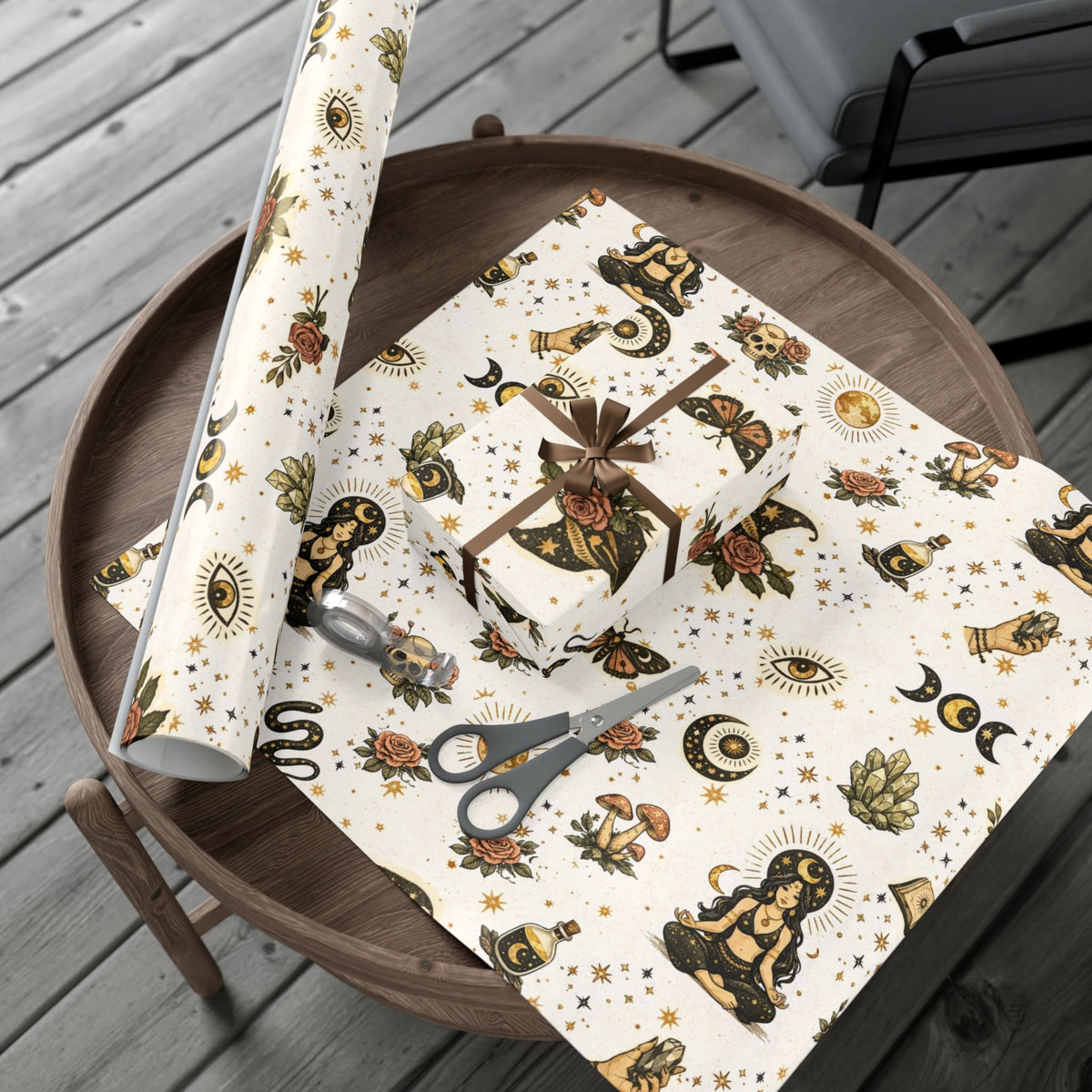 Witchy Tarot Pattern Gift Wrap Papers | Occult Witch Hat, Crystal, Moon