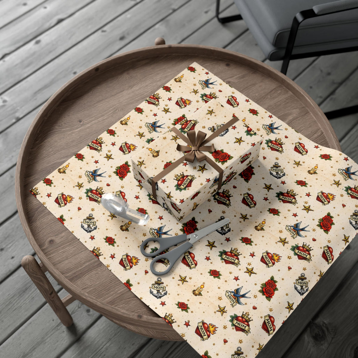 Vintage Tattoo Flash Gift Wrap Paper | Retro Rose Anchor Swallow Pattern