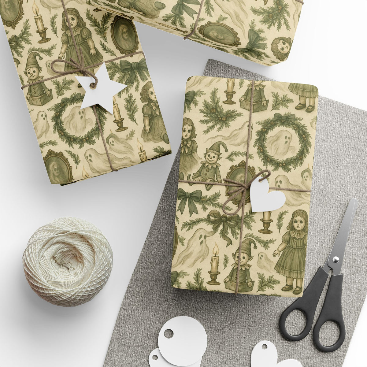 Cozy but Cursed Christmas Wrapping Paper | Victorian Gothic Gift Wrap | Spooky Holiday Gift Wrap | Ghosts, Dolls & Candles