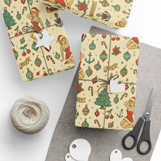 Rockabilly Christmas Wrapping Paper | Vintage Pin-Up Holiday Gift Wrap | Retro Tattoo Flash Style | Mid-Century Holiday Decor